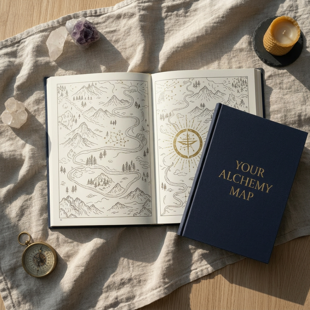 A detailed, overhead photographic view of an open hardcover book titled “Your Alchemy Map” resting on a natural linen cloth atop a light oak table. The pages show a hand-drawn style map of winding paths, mountains, and a central shining symbol, all rendered as ink illustrations without any human figures. Soft morning sunlight from a nearby unseen window washes across the pages, creating gentle highlights on the slightly textured paper and subtle shadows in the book’s spine. Crystals, a brass compass, and a small unlit candle sit loosely around the book, slightly out of focus. The mood is calm and contemplative, with a clean, modern, spiritual aesthetic and shallow depth of field emphasizing the book as the central guide to transformation.