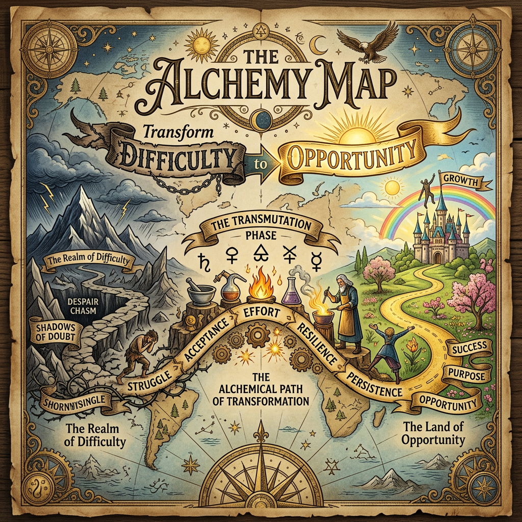 Map illustrating the journey from difficulty to opportunity with symbolic alchemical transformation phases and a path between realms.
