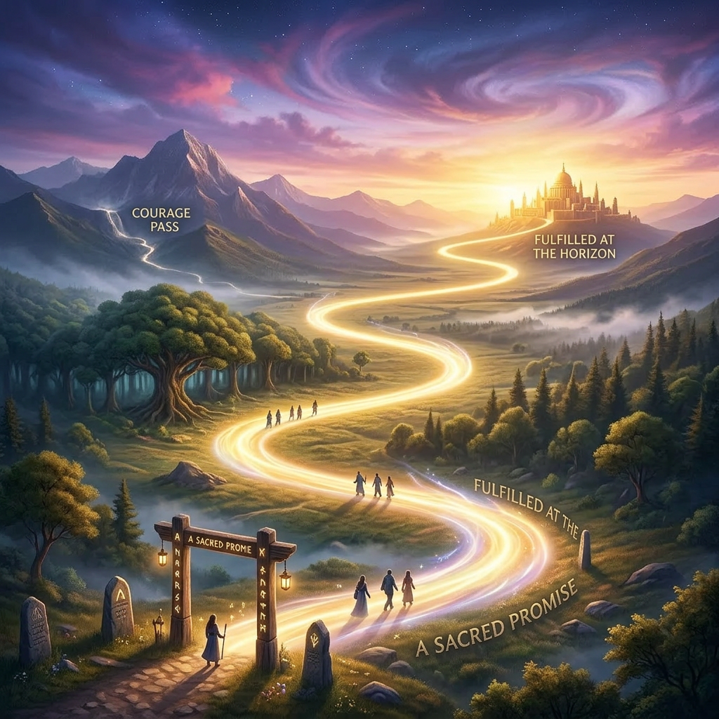 Glowing winding path leading from a sacred promise gate through a mountain pass to a glowing city on the horizon