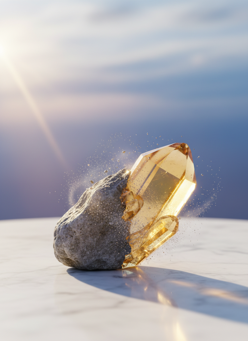 A single, rough gray stone placed on the left side of a smooth white marble surface gradually transitions into a faceted, translucent golden crystal on the right, as if mid-transformation. Tiny metallic particles and fine dust appear frozen in the air between them, suggesting alchemical change. Behind them, a blurred background of abstract soft blues and violets hints at a limitless sky. A focused beam of warm, golden hour light falls diagonally across the scene, making the crystal glow from within and casting a sharp, elongated shadow. Photographic realism with a centered composition at eye level creates a serene, hopeful atmosphere of difficulty evolving into opportunity.