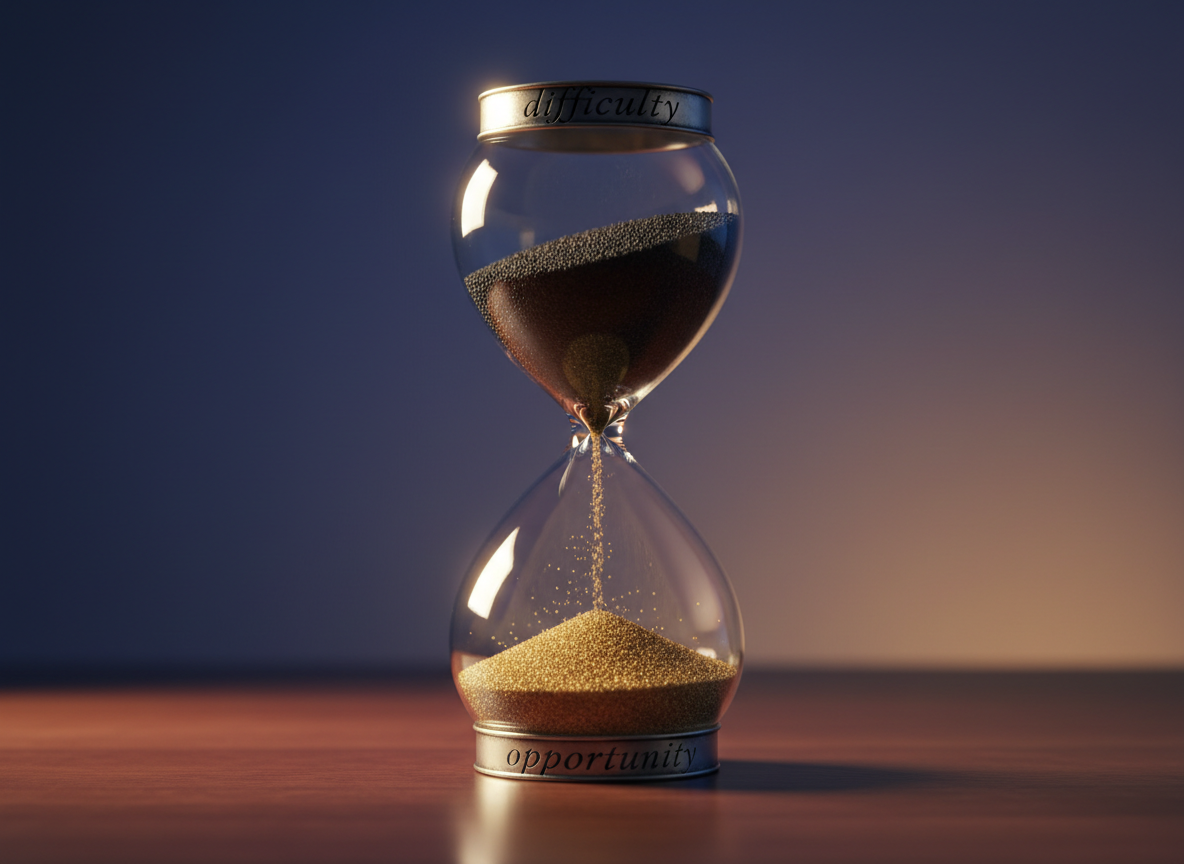 A photographic scene of an intricate glass hourglass placed on a smooth, dark wooden table, the upper bulb filled with coarse, dark sand labeled as “difficulty” in small engraved lettering on its metal frame, and the lower bulb gradually filling with fine, shimmering golden sand labeled “opportunity.” A few stray grains sparkle mid-fall between the bulbs, captured in sharp detail. The background is a softly blurred gradient of deep indigo fading into warm amber, suggesting transition. Warm, focused side lighting from the left highlights the curves of the glass and creates bright reflections and soft shadows on the table surface. Shot at eye level with a slightly off-center composition, the mood is contemplative and hopeful, emphasizing spiritual transformation over time.