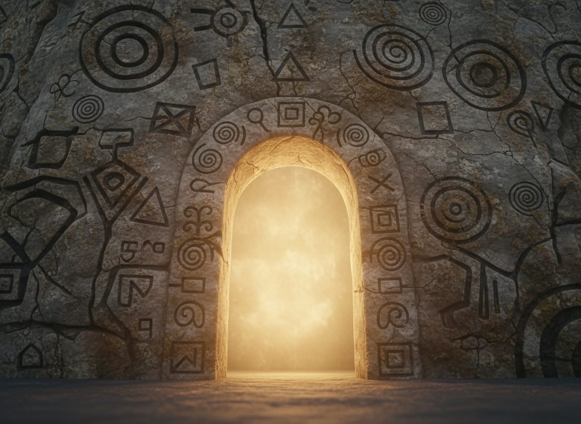 A photographic close-up of a symbolic doorway carved into a massive, weathered stone wall, the surface etched with alchemical symbols, spirals, and simple geometric shapes. In the center of the doorway, instead of a door, there is a luminous field of soft golden light, slightly misty yet inviting. The stone textures are highly detailed, showing cracks and mineral variations. The floor is smooth, dark rock, subtly reflective, catching the glow from the opening. Dim ambient light surrounds the scene, with the portal acting as the main light source, casting gentle gradients across the stone. Shot from a low, centered angle, the composition leads the eye inward, creating a mystical yet grounded atmosphere of stepping from difficulty into opportunity.