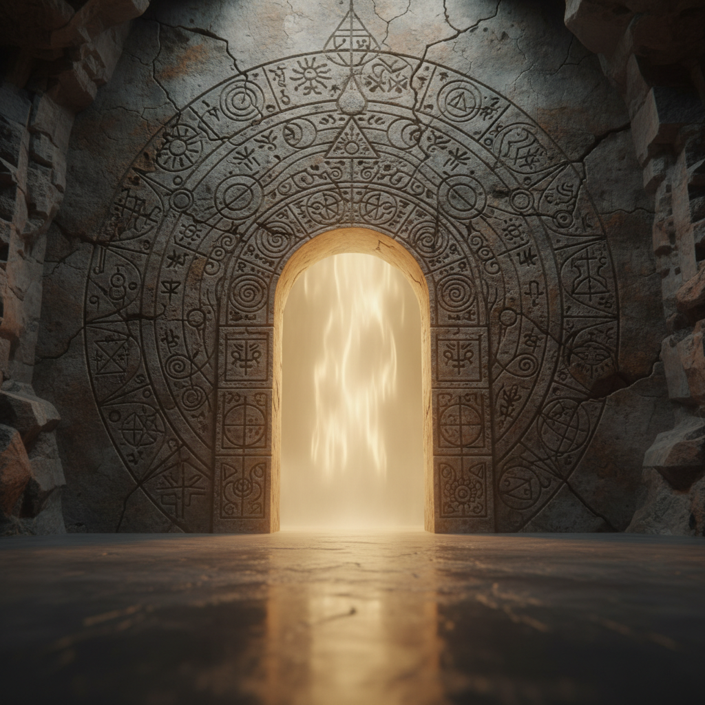 A photographic close-up of a symbolic doorway carved into a massive, weathered stone wall, the surface etched with alchemical symbols, spirals, and simple geometric shapes. In the center of the doorway, instead of a door, there is a luminous field of soft golden light, slightly misty yet inviting. The stone textures are highly detailed, showing cracks and mineral variations. The floor is smooth, dark rock, subtly reflective, catching the glow from the opening. Dim ambient light surrounds the scene, with the portal acting as the main light source, casting gentle gradients across the stone. Shot from a low, centered angle, the composition leads the eye inward, creating a mystical yet grounded atmosphere of stepping from difficulty into opportunity.