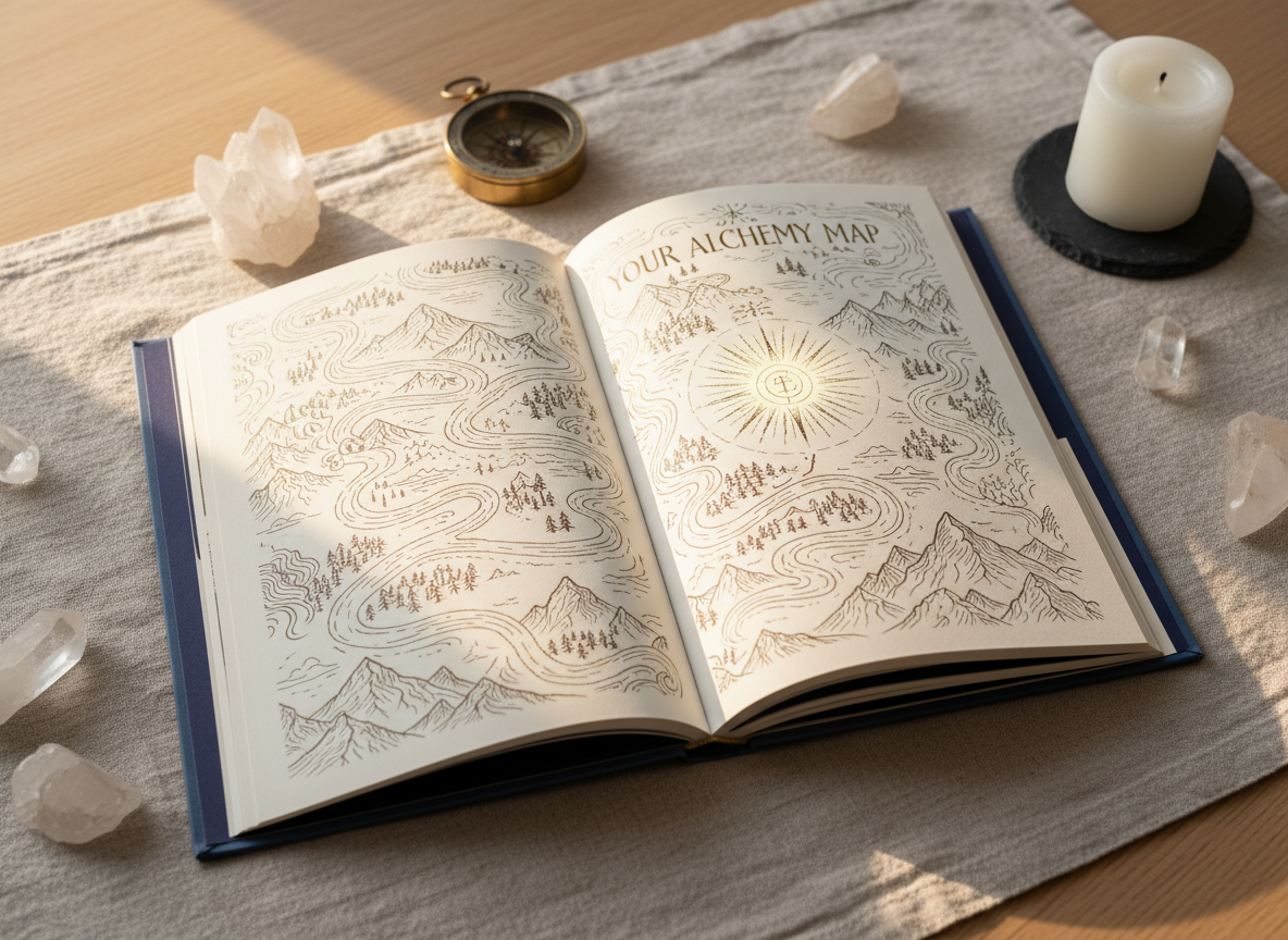 A detailed, overhead photographic view of an open hardcover book titled “Your Alchemy Map” resting on a natural linen cloth atop a light oak table. The pages show a hand-drawn style map of winding paths, mountains, and a central shining symbol, all rendered as ink illustrations without any human figures. Soft morning sunlight from a nearby unseen window washes across the pages, creating gentle highlights on the slightly textured paper and subtle shadows in the book’s spine. Crystals, a brass compass, and a small unlit candle sit loosely around the book, slightly out of focus. The mood is calm and contemplative, with a clean, modern, spiritual aesthetic and shallow depth of field emphasizing the book as the central guide to transformation.