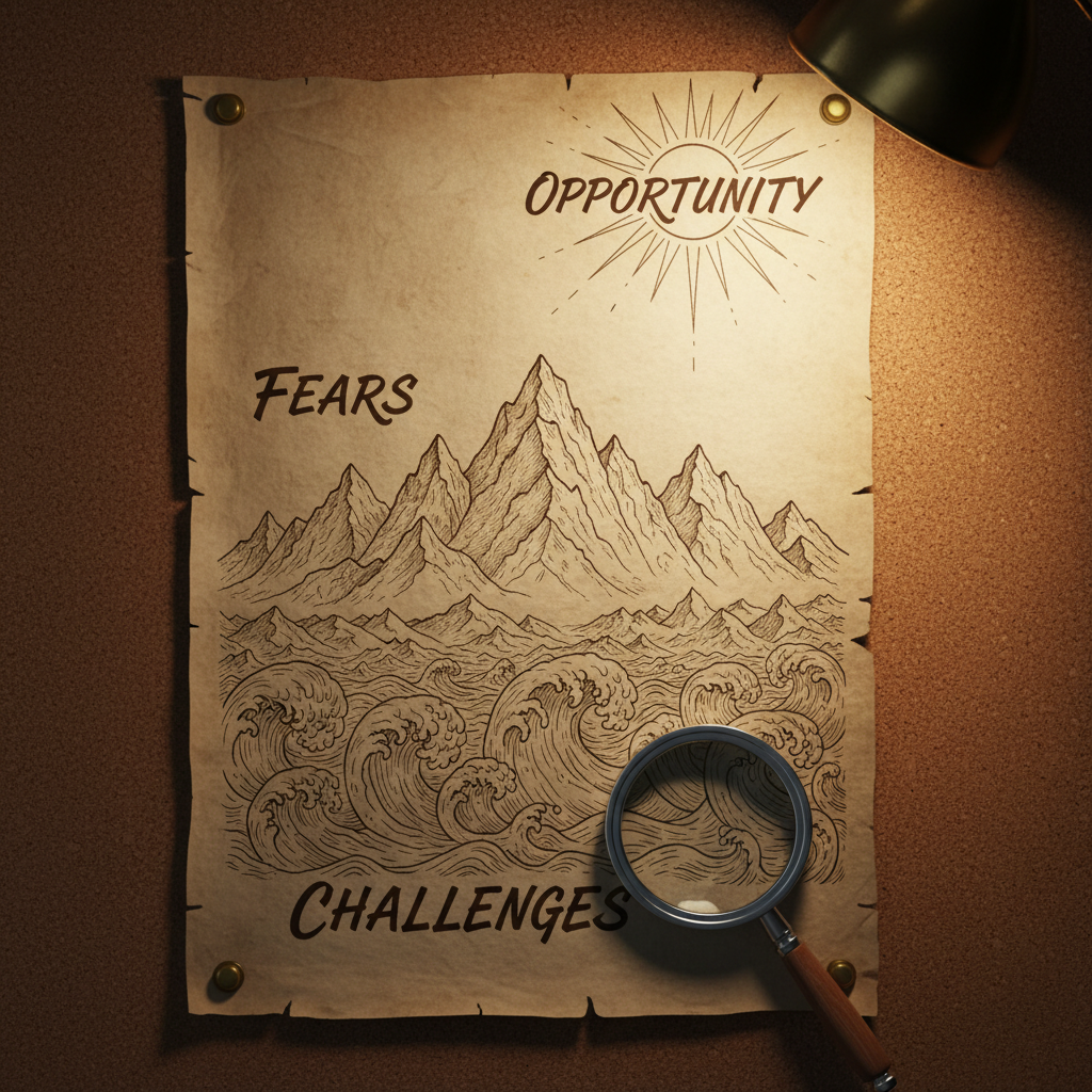 A large, vertically oriented, photographic image of a parchment-style map pinned to a dark cork board, the map filled with symbolic landmarks: stormy waves labeled as challenges, steep mountains marked as fears, and a radiant sun symbol at the top marked as opportunity, all drawn in ink without any characters. Brass pins hold the corners while a simple metal magnifying glass rests on the lower edge of the board. Soft, warm desk-lamp lighting from the upper right creates a pool of illumination over the center of the map, leaving the edges gently in shadow. Shot straight-on with sharp focus, the mood is reflective and strategic, suggesting a clear spiritual roadmap for transforming obstacles.