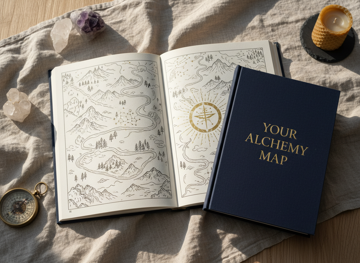 A detailed, overhead photographic view of an open hardcover book titled “Your Alchemy Map” resting on a natural linen cloth atop a light oak table. The pages show a hand-drawn style map of winding paths, mountains, and a central shining symbol, all rendered as ink illustrations without any human figures. Soft morning sunlight from a nearby unseen window washes across the pages, creating gentle highlights on the slightly textured paper and subtle shadows in the book’s spine. Crystals, a brass compass, and a small unlit candle sit loosely around the book, slightly out of focus. The mood is calm and contemplative, with a clean, modern, spiritual aesthetic and shallow depth of field emphasizing the book as the central guide to transformation.