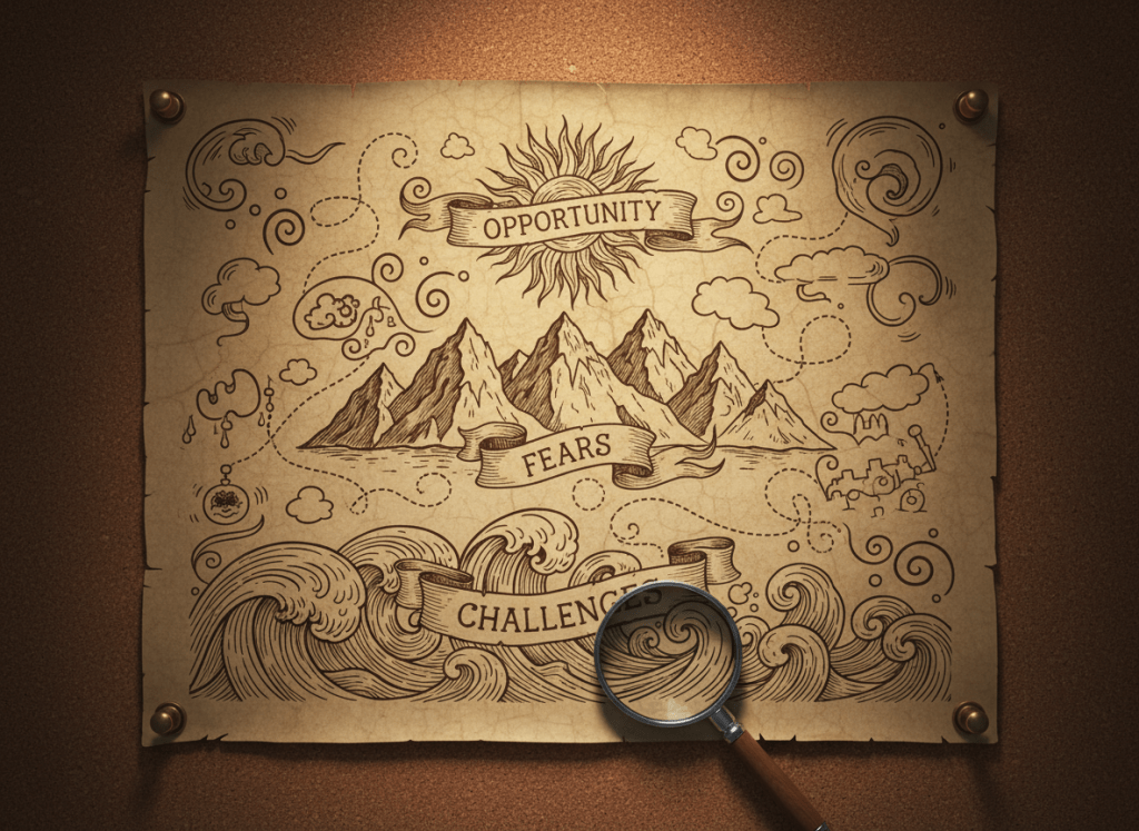 A large, vertically oriented, photographic image of a parchment-style map pinned to a dark cork board, the map filled with symbolic landmarks: stormy waves labeled as challenges, steep mountains marked as fears, and a radiant sun symbol at the top marked as opportunity, all drawn in ink without any characters. Brass pins hold the corners while a simple metal magnifying glass rests on the lower edge of the board. Soft, warm desk-lamp lighting from the upper right creates a pool of illumination over the center of the map, leaving the edges gently in shadow. Shot straight-on with sharp focus, the mood is reflective and strategic, suggesting a clear spiritual roadmap for transforming obstacles.