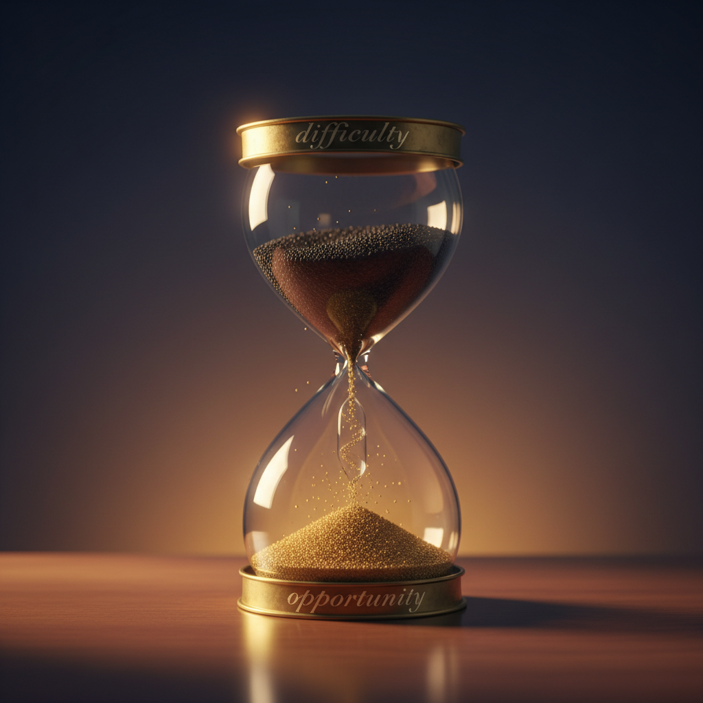 A photographic scene of an intricate glass hourglass placed on a smooth, dark wooden table, the upper bulb filled with coarse, dark sand labeled as “difficulty” in small engraved lettering on its metal frame, and the lower bulb gradually filling with fine, shimmering golden sand labeled “opportunity.” A few stray grains sparkle mid-fall between the bulbs, captured in sharp detail. The background is a softly blurred gradient of deep indigo fading into warm amber, suggesting transition. Warm, focused side lighting from the left highlights the curves of the glass and creates bright reflections and soft shadows on the table surface. Shot at eye level with a slightly off-center composition, the mood is contemplative and hopeful, emphasizing spiritual transformation over time.