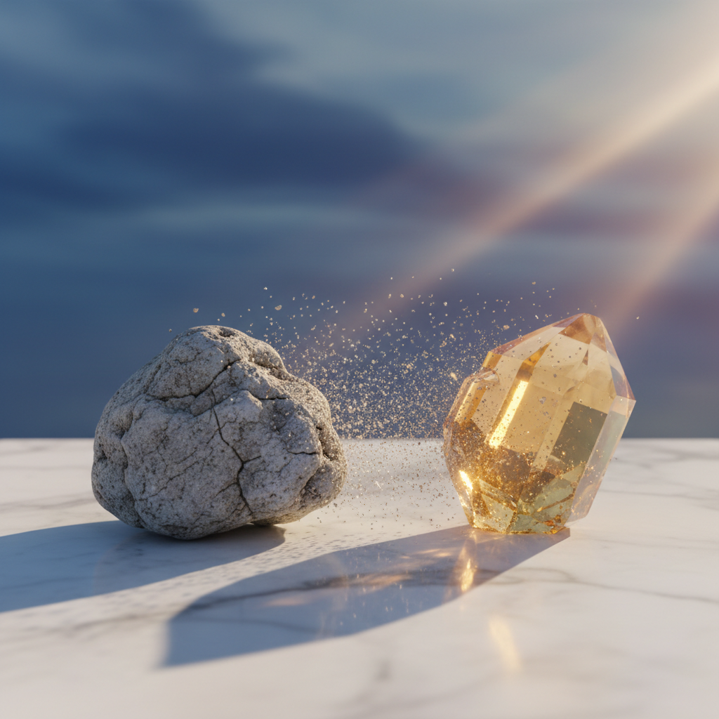 A single, rough gray stone placed on the left side of a smooth white marble surface gradually transitions into a faceted, translucent golden crystal on the right, as if mid-transformation. Tiny metallic particles and fine dust appear frozen in the air between them, suggesting alchemical change. Behind them, a blurred background of abstract soft blues and violets hints at a limitless sky. A focused beam of warm, golden hour light falls diagonally across the scene, making the crystal glow from within and casting a sharp, elongated shadow. Photographic realism with a centered composition at eye level creates a serene, hopeful atmosphere of difficulty evolving into opportunity.