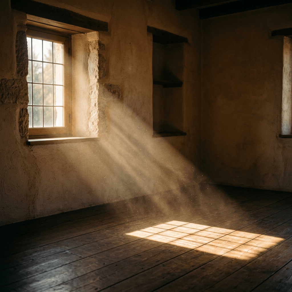 Rays of sunlight coming through a window onto wooden floor in an empty room
