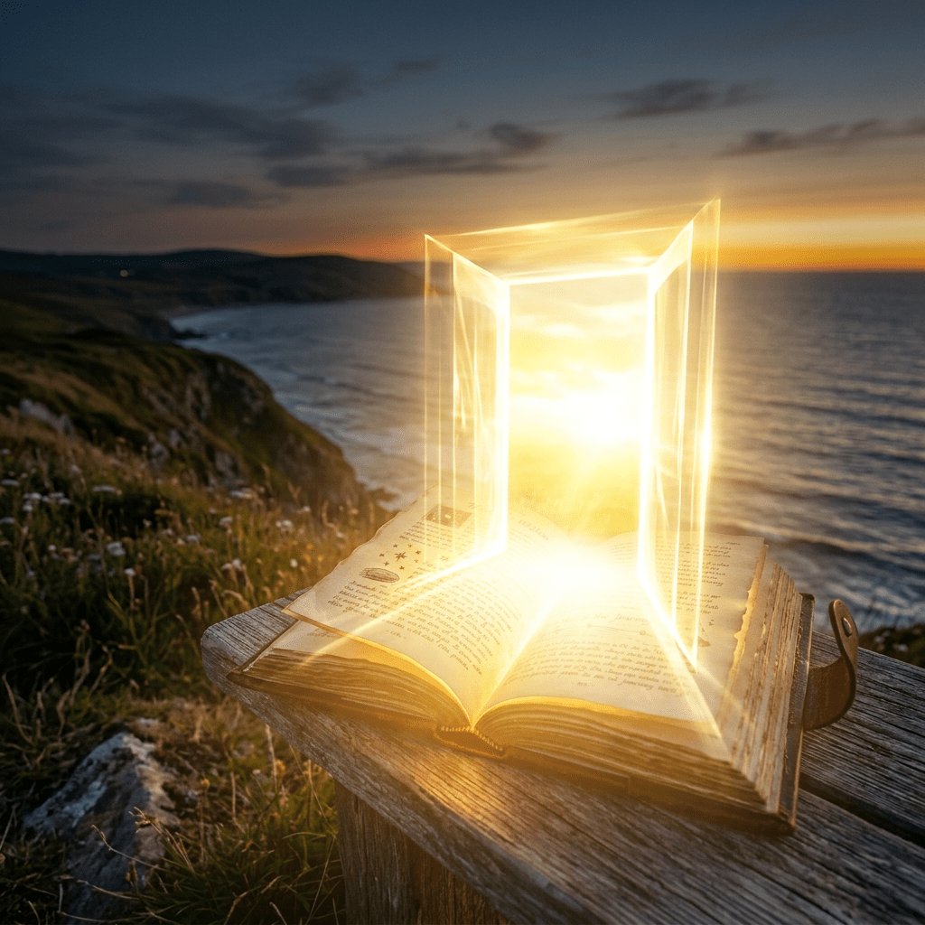 Old glowing book open on wooden bench near ocean cliff at sunset