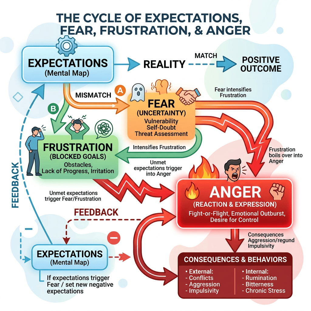 Flowchart showing cycle of expectations leading to fear, frustration, anger, and consequences with feedback loops