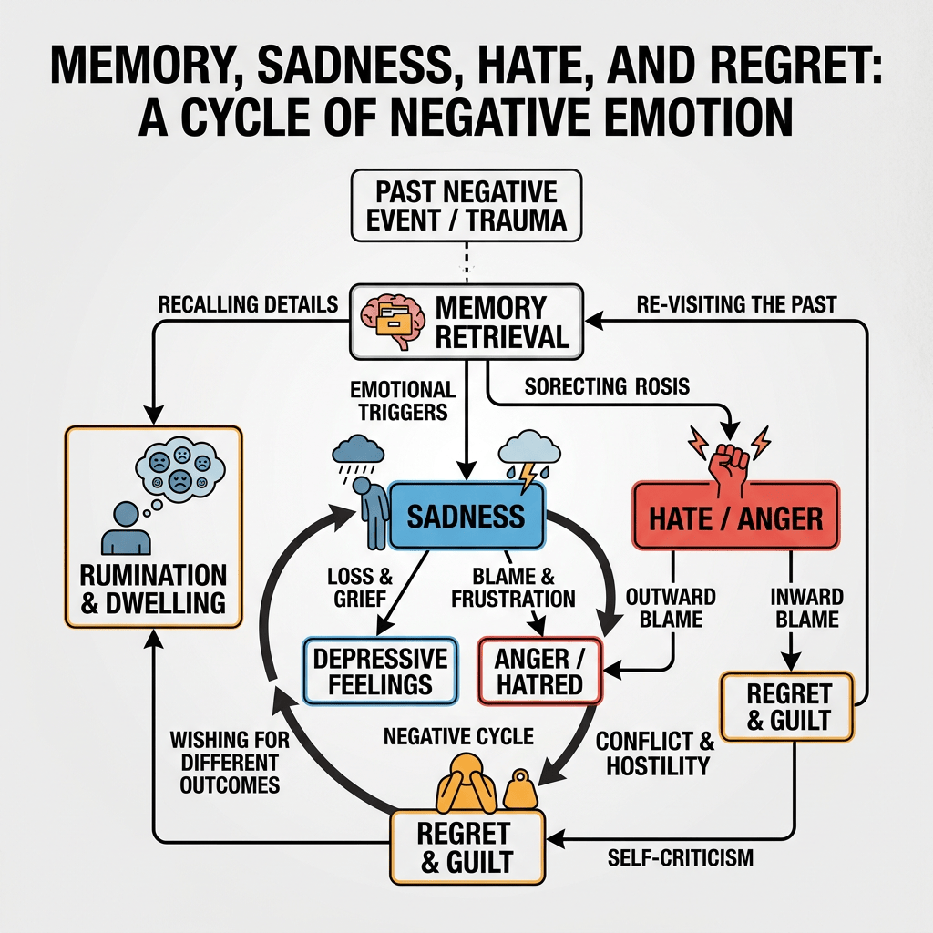Flowchart showing cycle of negative emotions including memory retrieval, sadness, anger, regret, and rumination