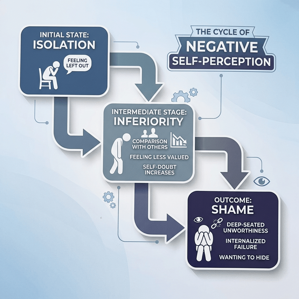 Flowchart illustrating negative self-perception cycle including isolation, inferiority, and shame.